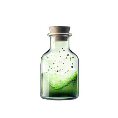 A clear glass bottle filled with vibrant green liquid and bubbles, ideal for representing science or potion concepts.