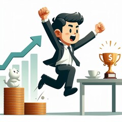 Illustration of a Businessman Celebrating Financial Success with Trophy and Rising Graph