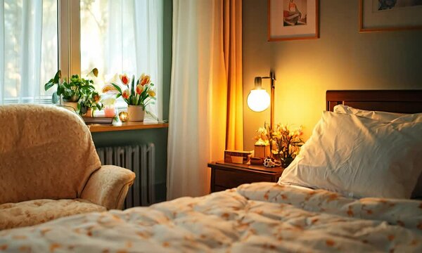 cozy bed and armchdigitalr bedroom setting with bedcover
