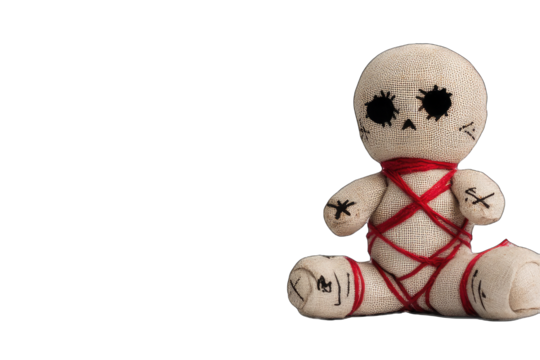 A spooky voodoo doll with a stitched face and red yarn tied around its body, perfect for Halloween or thematic decorations.