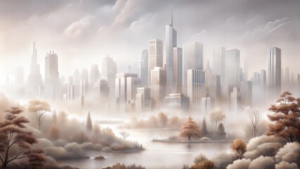 Obraz premium City buildings, skyscrapers in the morning fog