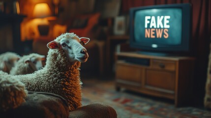Sheep indoors watching television with “fake news” displayed. Concept of media influence and perception