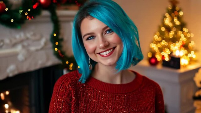 Young woman with blue hair smiling in red Christmas sweater by festive tree