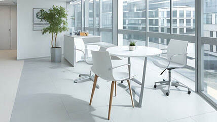 An office space with a relaxation area includes cozy seating, calming decor, and a peaceful ambiance.