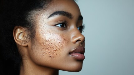 Close-up of young black woman's face with acne scars highlighting textured skin