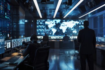 Fototapeta premium Government surveillance agency and military joint operation agent working at system control center