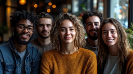 Diverse group of young adults smiling in cozy cafe setting during afternoon gathering.