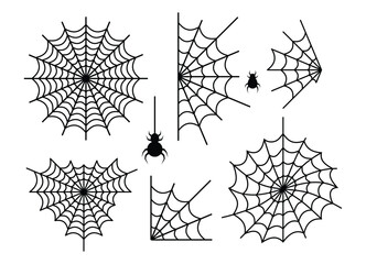 Spiders web set clipart with no background. Halloween spiders net decor template for stickers and cards.