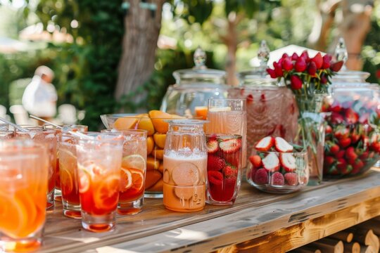 Wedding reception outdoor bar with different sweet cocktails
