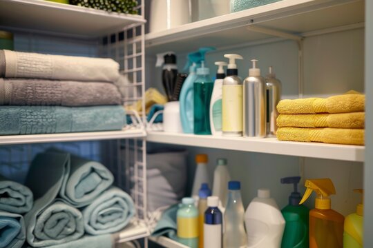 Naturally lit well organized supply closet with cleaning products tools and towels on shelves