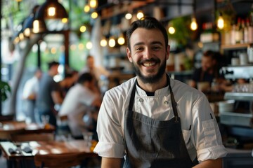 Fototapeta premium Portrait of a smiling chef in busy restaurant