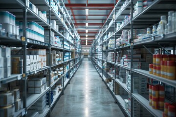 Fototapeta premium Pharmaceutical warehouse with organized shelves and neatly arranged medication