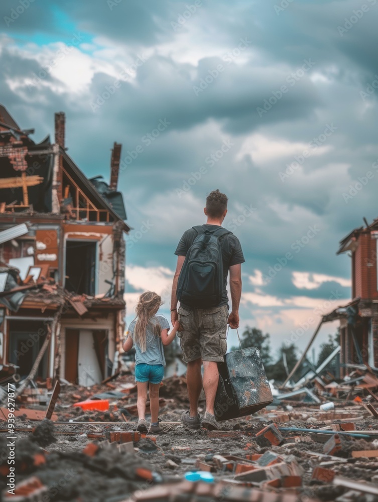 Sticker A father and daughter walk away from a destroyed neighborhood. AI.