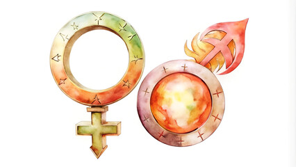 Illustration of the Ancient Symbols of Venus and Mars as a Union of Man and Woman in Autumn Colors Against a White Background
