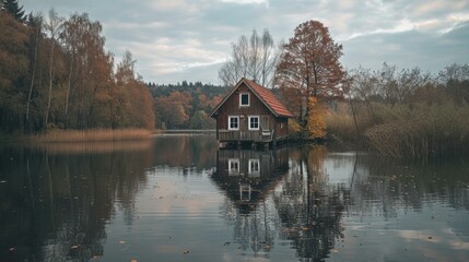 Obraz premium A wooden cabin sits on a calm lake surrounded by fall foliage. AI.