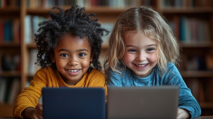 Smiling multiracial girls using tablets in library, engaged in educational activities, technology concept