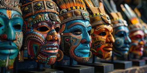 Naklejka premium Artistic display of handmade colorful masks, showcasing traditional crafts and cultural art, with copyspace