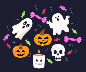 Cute and scary halloween set with ghosts, pumpkins, skulls on black isolated background. Traditional halloween symbols in vector cartoon style. For holiday decor, cartoon characters, postcards.