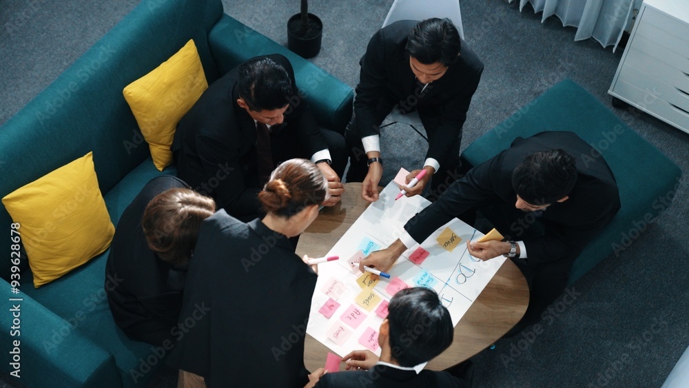 Poster top view of business people hands making scrum task board to manage workflow in workplace. diverse m