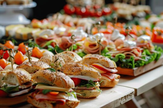 Elegant catering buffet table with delicious sandwiches canapes and appetizers for celebration event