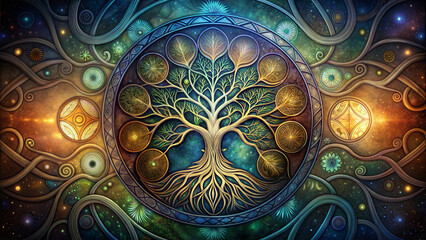 Illustration of the Ancient Pagan Symbol "Tree of Life" as a Representation of Connecting All Levels of the World Surrounded by Beautiful Patterns in Mystical Colors
