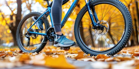 A person cycling on a blue mountain bike through autumn leaves in a vibrant park setting