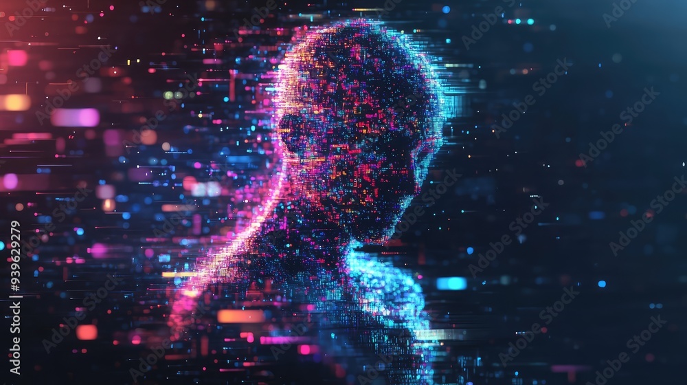 Poster abstract digital glitch art with a human figure made of pulsating neon lights, fragmented on a pixel