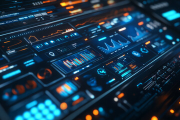 Obraz premium Interactive dashboard with data visualizations and graphs. Futuristic control panel with digital screens for business analytics