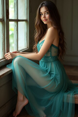 Fototapeta premium Portrait of a Beautiful Woman in Transparent Green Dress