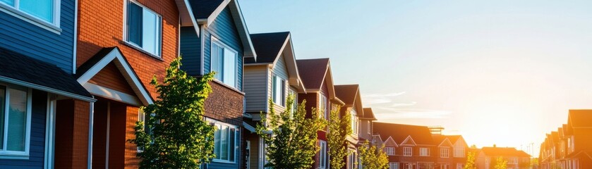 Row of modern houses in a suburban neighborhood during sunset