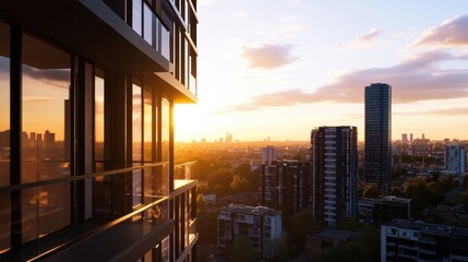 Sunset view from a modern building balcony overlooking a city skyline