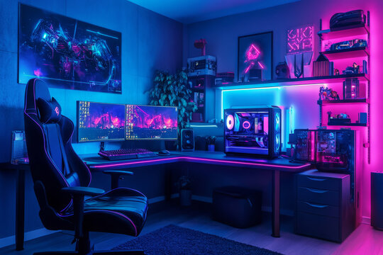 Interior of gaming room with modern computer and neon lighting. Playing cyber games and online entertainment concept. - Powered by Adobe