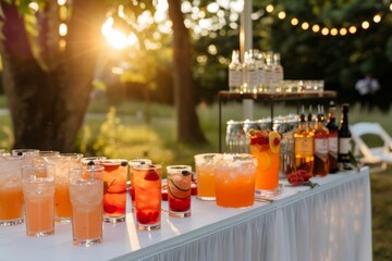 Wedding reception outdoor bar with different sweet cocktails