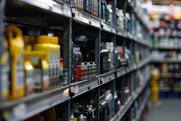 Close up of shelves in an auto parts store displaying a variety of items under natural light