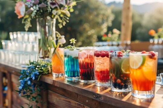 Wedding reception outdoor bar with different sweet cocktails
