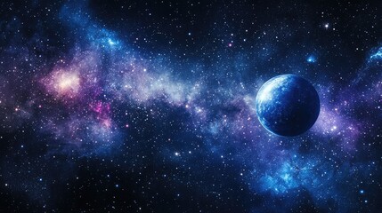 A wide shot of Neptune in the galaxy, with distant stars and nebulae adding depth to the vastness of space.