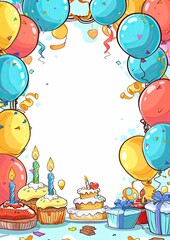 Obraz premium greeting card birthday party theme frame, translucent center, cartoon