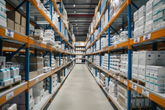 Pharmaceutical warehouse with organized shelves and neatly arranged medication
