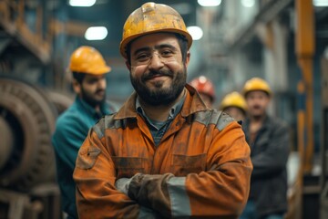 Portrait of a smiling factory worker in a group of coworkers