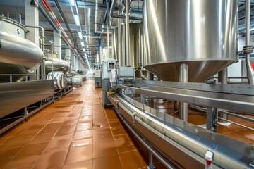 Fototapeta premium Milk processing plant flow pasteurization units for milk safety