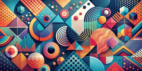 Naklejka premium Abstract Geometric Composition with Vibrant Colors and Patterns, abstract art, geometric shapes, colorful design, geometric patterns