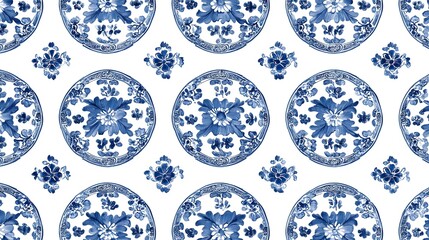 Blue and White Porcelain Pattern: A delicate and timeless design featuring a repeating pattern of blue and white porcelain plates with intricate floral motifs. This seamless pattern is perfect for a v