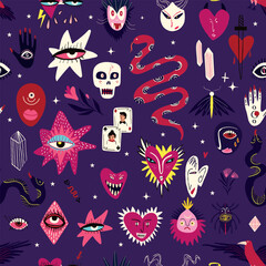 Purple Vibrant Halloween strange pattern with magical mystical esoteric Gothic symbols