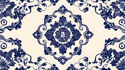 Blue Blossom Chinoiserie: A timeless dance of navy florals on ivory, this repeating pattern evokes classic Chinoiserie elegance.