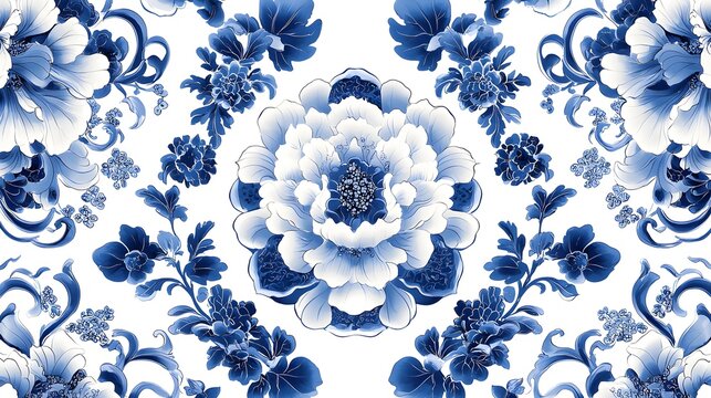 Blue Blossom Chinoiserie: An intricate Delft blue floral pattern reminiscent of classic Chinese porcelain, perfect for elegant backgrounds and designs. 