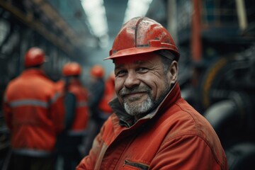 Portrait of a smiling factory worker in a group of coworkers
