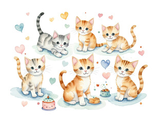 Obraz premium Watercolor illustration of six adorable kittens with hearts and cakes, perfect for pet-themed designs.