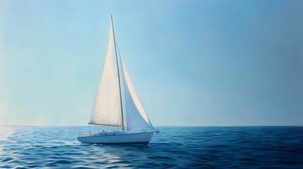 Obraz premium Sailing Towards the Horizon: A solitary sailboat glides gracefully through the vast expanse of the ocean, capturing the essence of freedom and adventure. The white sails billow in the gentle breeze, s