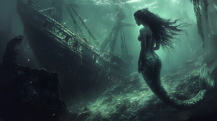 Mermaid's Lament: A solitary mermaid, her long hair flowing like seaweed, gazes wistfully at a sunken galleon, a haunting reminder of a lost world. The ethereal light filtering through the depths adds