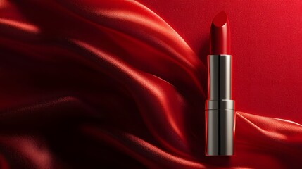 Red Hot Luxury: A silver tube of vibrant red lipstick lays on a swathe of matching satin, capturing the essence of beauty and glamour.
